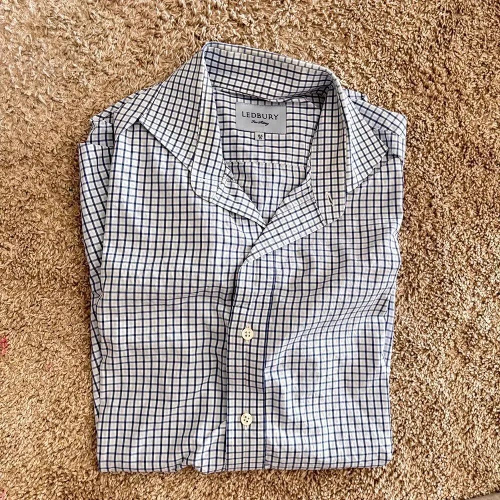 Ledbury Blue and White Gingham Plaid Classic Fit Dress Shirt- 16.5